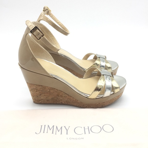 Jimmy Choo Patent Ankle Strap Open Toe Platform Wedge Sandals Size 38 - Picture 3 of 8